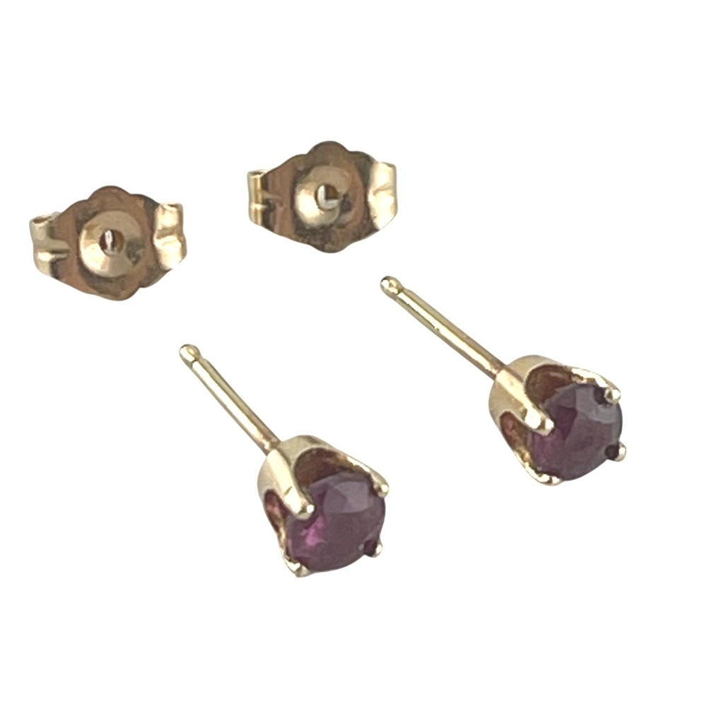 Vintage 14K Gold Ruby Stud Earrings 4mm Round‎ Ruby Solitaire Basket Setting - Picture 10 of 16